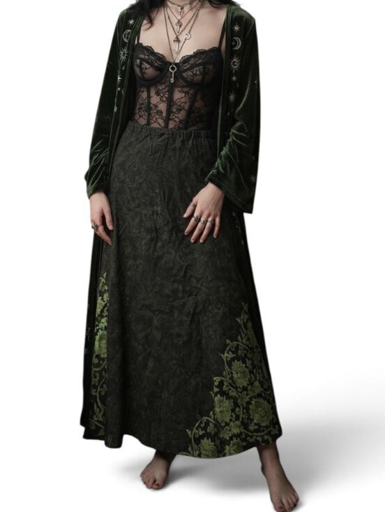 Citron Santa Monica Dresses & Skirts - Vintage 90s Citron Santa Monica 100% Silk Floral Maxi Skirt Black Lime Green XL